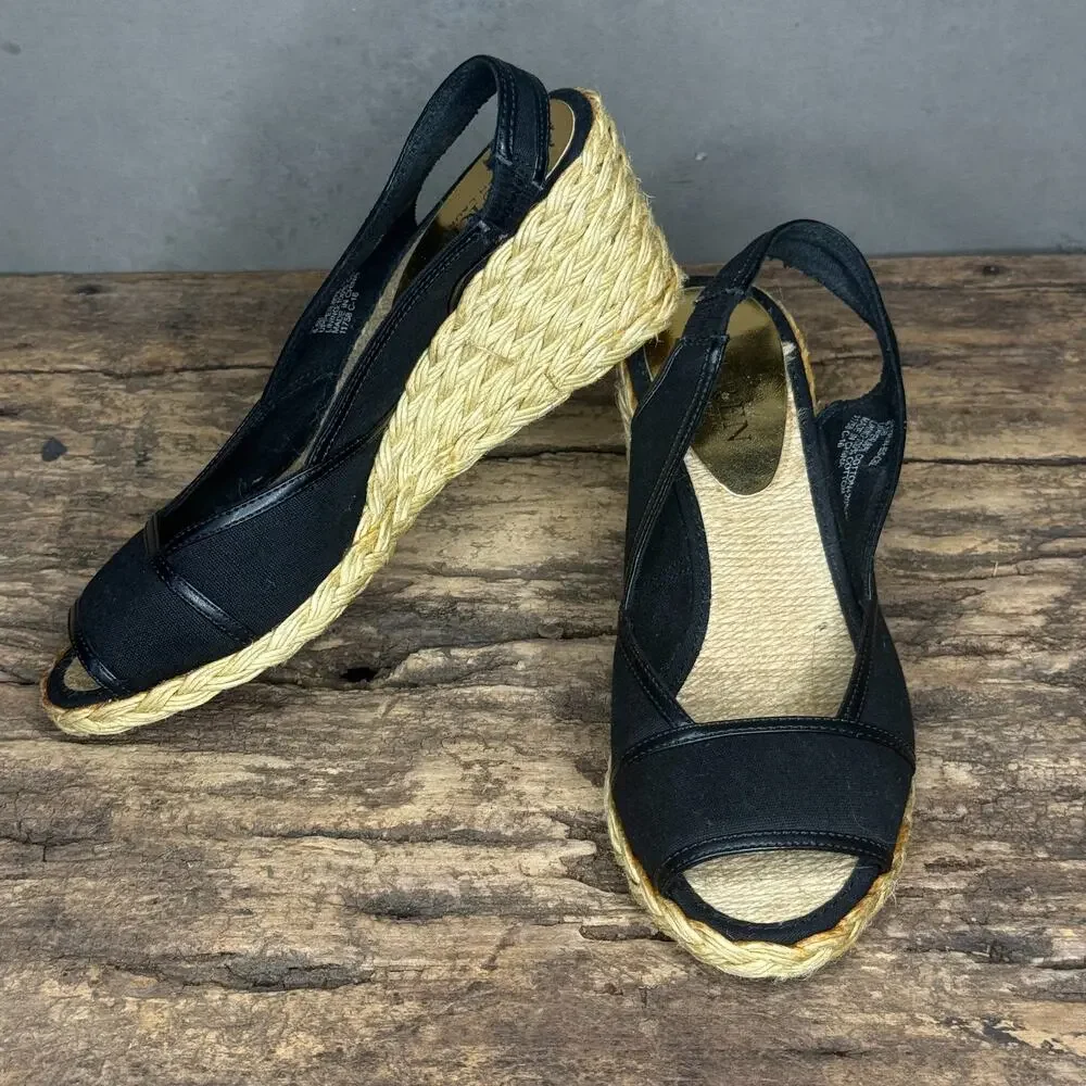 Lauren Ralph Lauren Catrin Espadrille Wedge Slingback Black Canvas Size 6.5B